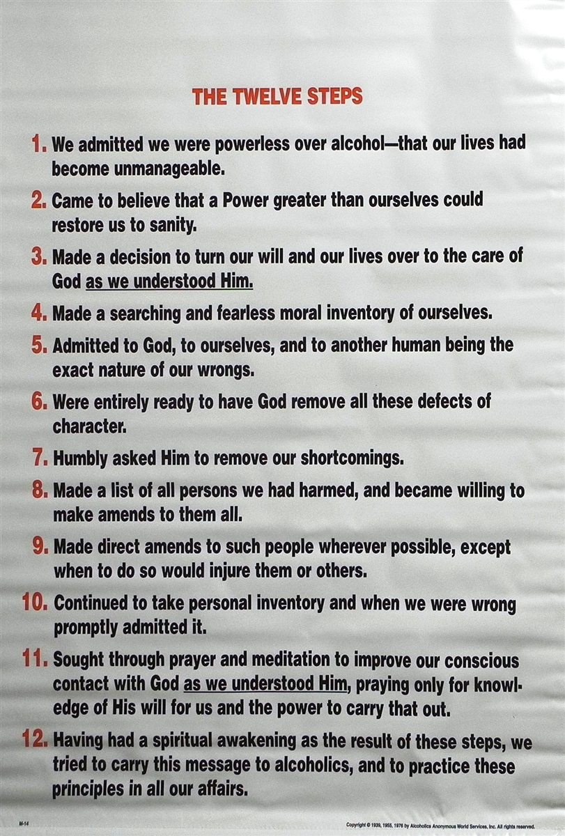 Vintage Alcoholics Anonymous poster listing the Twelve Steps