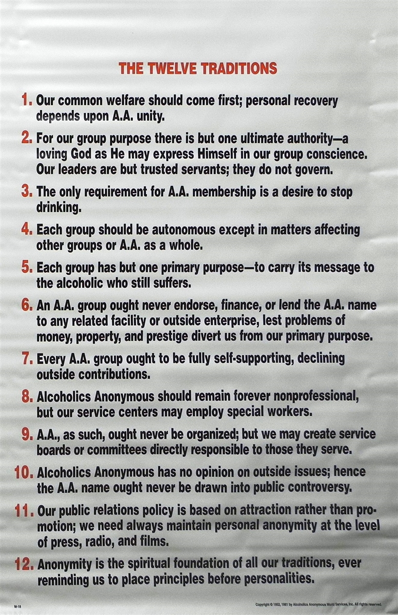 Vintage Alcoholics Anonymous poster listing the Twelve Traditions